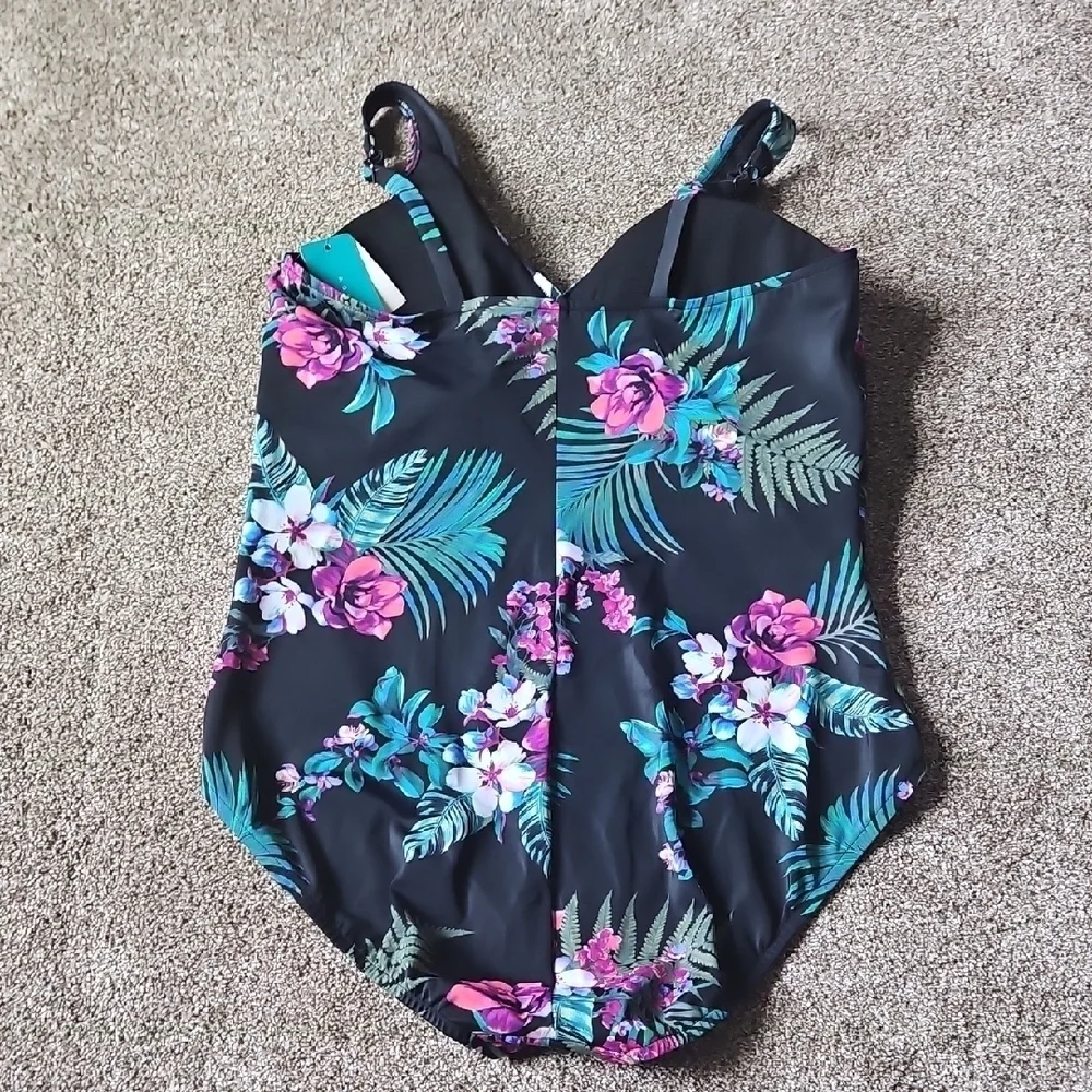 Aqua Green Floral One Piece Swimsuit - Black and Pink